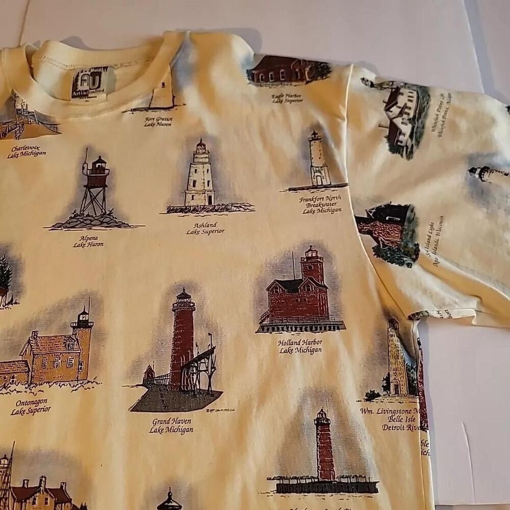 Vintage 90s Y2K Lighthouses of Michigan T-Shirt AOP Size Mens XL  Art Unlimited - Picture 8 of 8